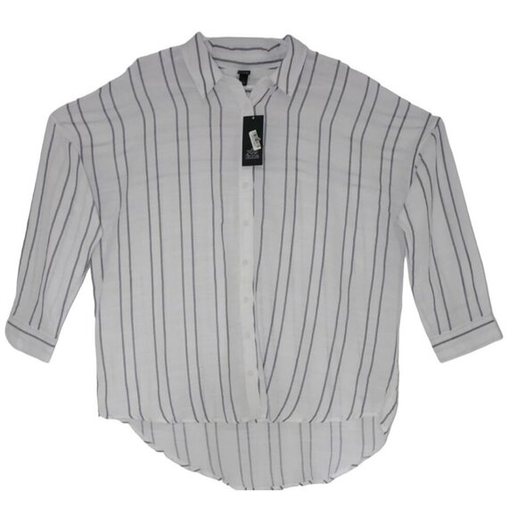 The White Collection Women's Striped Button-Down Shirt Long Sleeves Curved Hem S - Picture 5 of 8